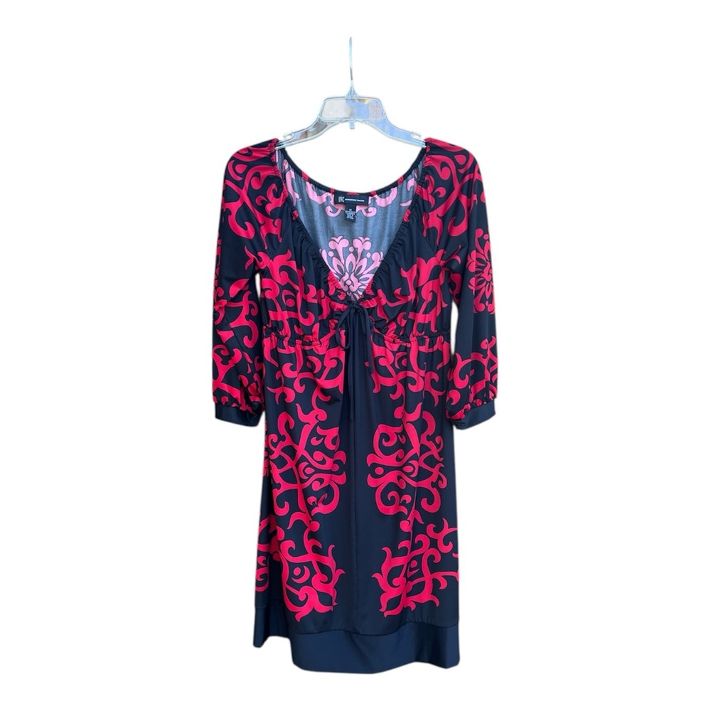 INC International Concepts Red Scroll Pattern on Black Background V-Neck Dress